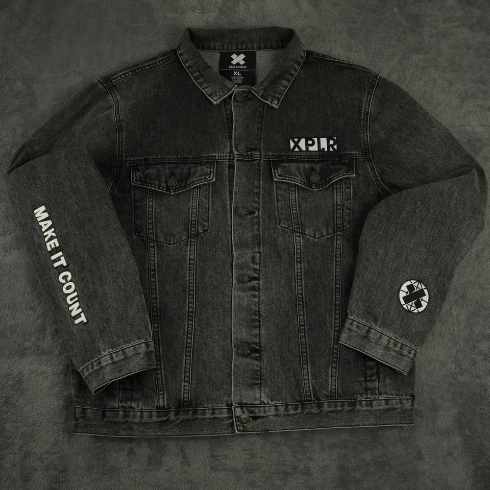 Sam & Colby Denim Jacket Mens XL Black XPLR Graphic Make It Count 25x25 Patch